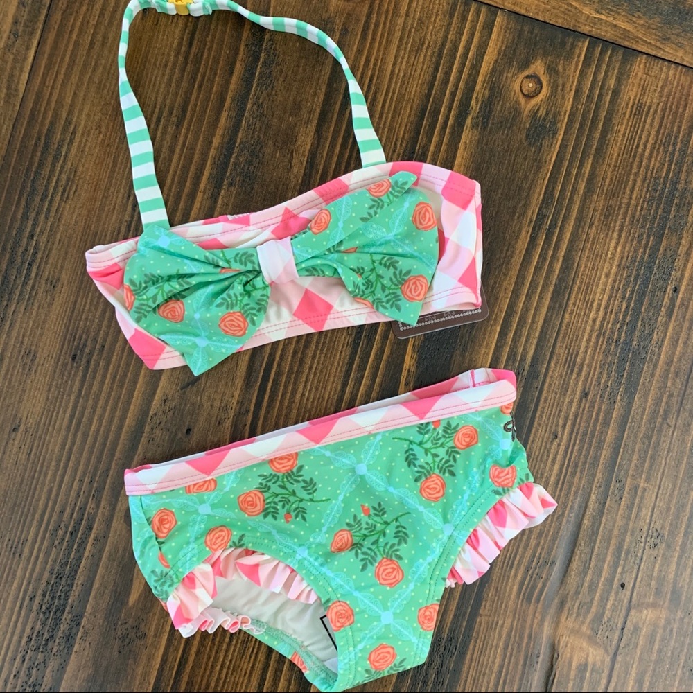 Pink & Mint Floral Toddler Halter Bikini Sz 2